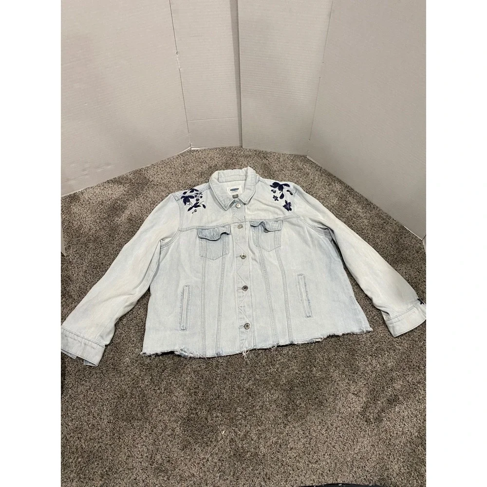 Denim Jacket Old Navy Womens Light Blue Excellent Floral Raw Hem XXL
